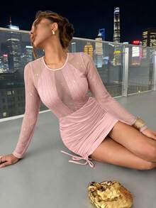 Rafferiza Vestido de fiesta ajustado y elegante, nuevo diseño de parches de malla metálica a rayas verticales, manga larga con cordón en la cintura, ajustado y ceñido, apropiado para fiestas, citas y celebraciones - Rosa - Ver 4