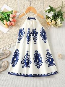 Young Girl Vacation Summer Totem Tropical Plant & Floral Pattern Halter A-Line Dress - Blue and White - View 5