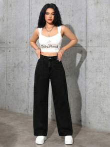 SHEIN ICON Plus Size Women Retro Street Style Gray Non-Stretch Straight Leg Jeans - Black - View 5