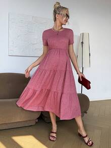 SHEIN Vestido de maternidad de unicolor con volantes en el bajo y cuello redondo de manga corta - Rosa - Ver 6