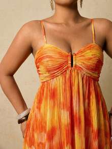 Travachic Đầm xếp ly in họa tiết dáng rộng dành cho nữ cỡ lớn, thích hợp mặc đi nghỉ mát. - trái cam - Xem 6