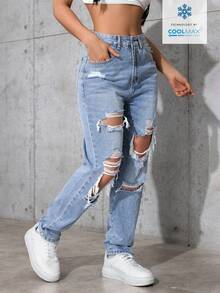 SHEIN ICON Celana Jeans Denim Wanita Kasual Sehari-hari dengan Saku Miring dan Model Sobek - Light Wash - View 9