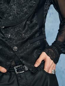 ROMWE MEN Casual 男士纯色双排扣提花哥特式背心 - 黑色 - 查看 2