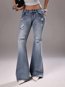 TRNVIE 时尚休闲复古做旧低腰喇叭牛仔裤 - 中等水洗藍 - 查看 7