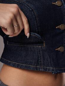 TRNVIE Chaqueta de mezclilla lavada con cuello vuelto y apertura frontal, de estilo casual y elegante - Azul lavado oscuro - Ver 7