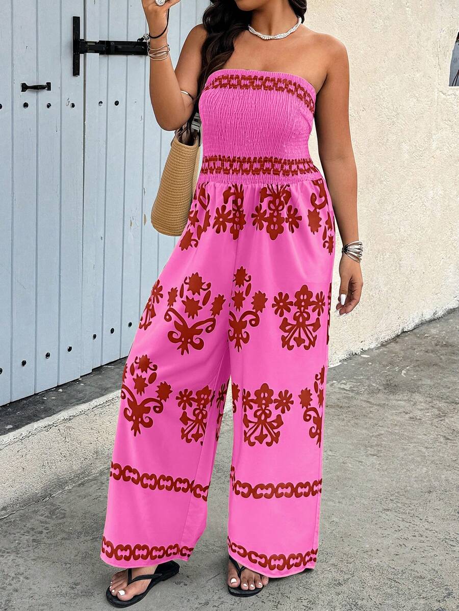 SHEIN Clasi Bộ áo liền quần cổ yếm in hoa dành cho nữ cỡ lớn, thích hợp cho kỳ nghỉ. - Nhiều màu - Xem 1