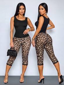 SOLERSUN Leggings capri de malla con decoración de encaje y estampado de leopardo de moda y sexy (floral aleatorio) para mujer - Marrón - Ver 5