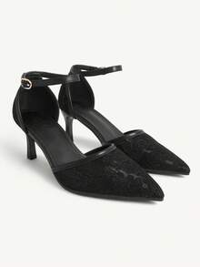CUCCOO CHICEST Women Shoes Pointed Medium High Heel Black Lace Ankle Strap Hollow Women's High Heel Shoes Fashion Elegance Sexy Wedding Party Hollow Women's Shoes - Black - View 1