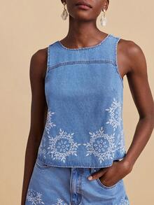 Travachic Women's Casual Sleeveless Geometric Print Denim Blouse, Summer - Light Wash - View 7