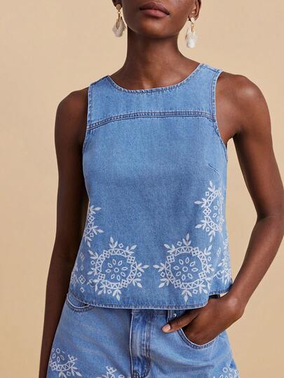 Travachic Women's Light Blue Denim Top, Printed Pattern, Loose Fit, Perfect For Summer Vacation Wear, Sleeveless Loose Top.