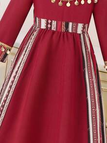 SHEIN Young Girl Watercolor Floral Sequin Dress, Elegant & Charming, Suitable For Holidays, Parties, Outings, Spring/Summer/Autumn - Burgundy - View 3