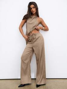 Aloruh Bộ đồ nữ màu trơn tối giản, chất liệu giả lanh, thích hợp cho công sở. - Màu Khaki - Xem 7