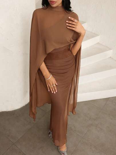 Modelyn بونشو بلون القهوة + بلوزة كتف مائل قصيرة الأكمام مطوية الخصر، طقم أنيق من قطعتين للخروج والمواعيد والحفلات