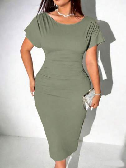 Viva Relle Plus Size Women's Solid Color Round Neck Batwing Short Sleeve Fitted Casual Knit Dress