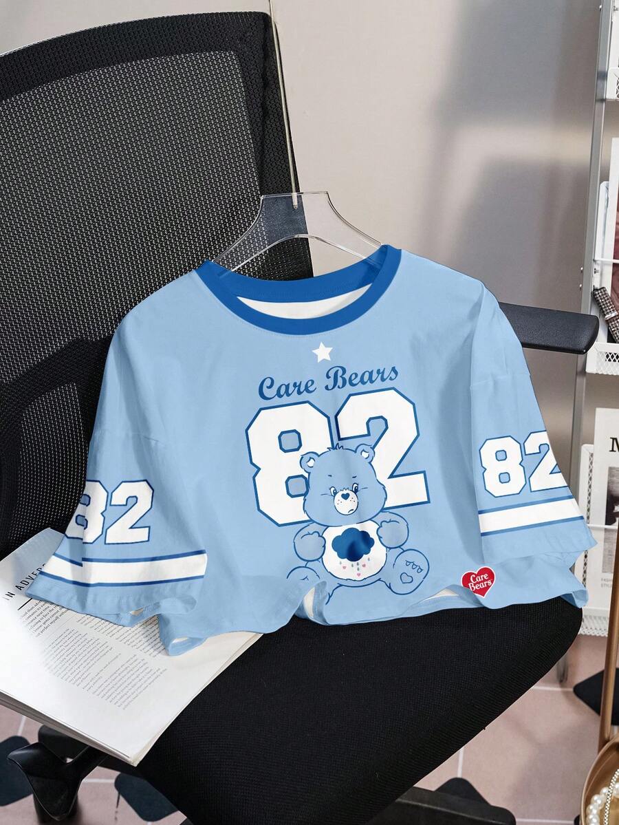 SHEIN X Care Bears Women's Casual Cartoon Number Print Cropped T-Shirt, Summer - White - View 1