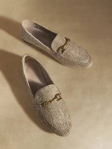 Rosivie Women's Retro Round Toe Woven Material, Comfortable And Lightweight Mid-Mouth, Flat-Soled Loafers Valentine's Day - Khaki - View 6