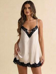 SHEIN BAE Women's Sexy Contrast Lace Mini Slip Dress, Summer - White - View 4