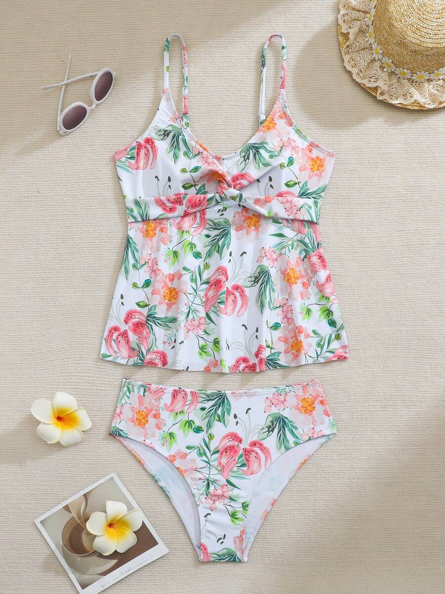 SHEIN Teen Girl Floral Print Ruffle Cami Tankini Top And Triangle Bottoms Swimwear Set - Multicolor - View 1