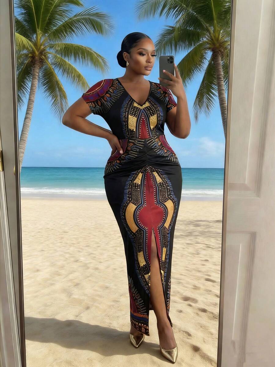 SHEIN Lady 大码夏季休闲印花V领褶皱开衩连衣裙