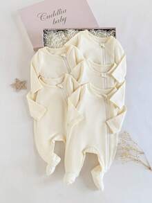 SHEIN 5件套新生儿休闲纯色连体衣、脚套和毯子，多功能长袖四季家居服 - 米色 - 查看 3