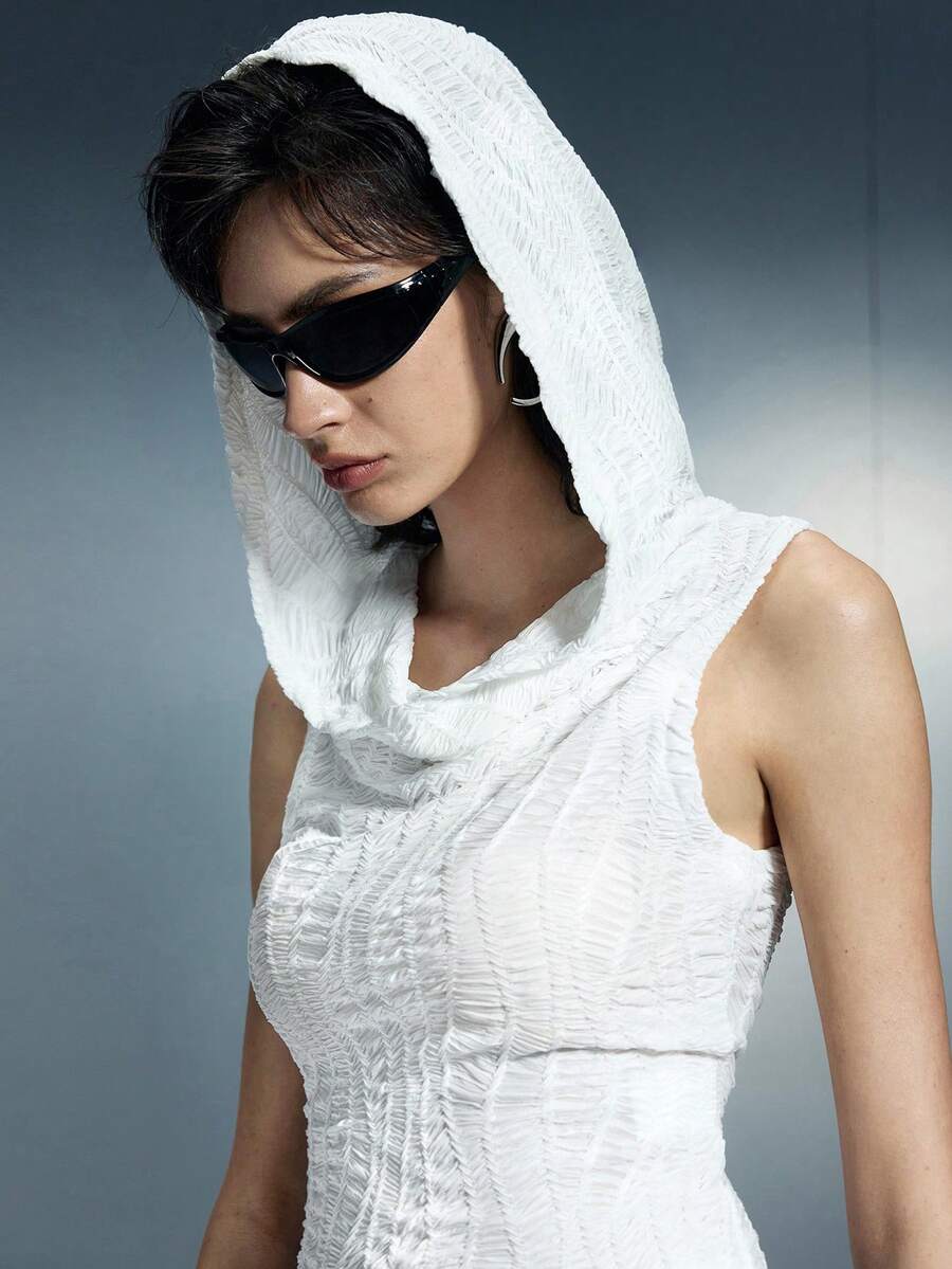 Airlisse Women's Vintage Distressed Design Sleeveless Hooded Tank Top, Fashionable For Spring/Summer White Vest For Y2K Girl - White - View 1
