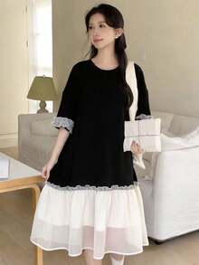 SHEIN Teen Girls' Black & White Patchwork Contrast Color Organza Ruffle Hem Loose Casual Minimalist Straight Dress,Kids - Black - View 4