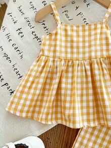 SHEIN Babygirl Cute Plaid Camisole Top And Elastic Waist Pants Set, Summer - Yellow - View 5