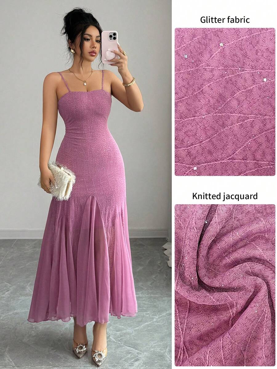 Modelyn Women's Elegant Knitted Jacquard Sequin Rhinestone Mesh Slip Dress, Long Dress For Party And Occasion, Summer - Purple - View 1