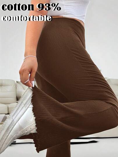 Solflare Plus Size Women's Solid Color Casual Versatile Flared Wide Leg Pants For Daily Wear,For Daily Commute,Date, Commute, Party,Fall /Autumn/Winter/Summer,Christmas,New Year,Thanksgiving,Party,Wedding,Beach,Graduati,Chic,Elegant,Casual,Going Out,Date,Appointment,Commute,Shining,Valentine's Day,Elegant ,Vacation,Casual,Y2k,Going Out,Graduation Comfortable Pants Long Brown Pants Stretchy Pants Ribbed Pants Brown Ribbed Pants