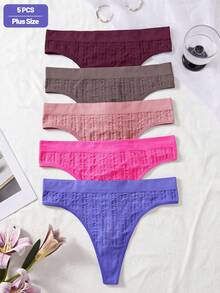 SHEIN 5pcs Women Plus Size Basic Solid Seamless Comfortable Ribbed Knitted Sexy Thong Panties - Multicolor - View 2