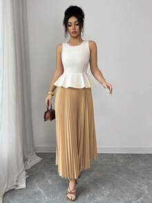 Elenzga Conjunto de 2 peças com Top de Gola Redonda, Cintura Marcada, Bainha com Babado + Saia Plissada de Cintura Elástica Longa, Cor Marrom Contrastante, Estilo Refinado, Fashion, Elegante - Ideal para Passeio de Verão, Encontro, Ano Novo, Dia dos Namorados, Páscoa, Dia das Mães, Festival de Música, Estilo do Oriente Médio, Casamento - Marrom Claro - Visão 6