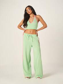 Missguided x Playboy 女士阔腿薄荷绿运动裤，粉色侧条纹抽绳腰带，阔腿裤款式，休闲舒适 - 彩色 - 查看 5