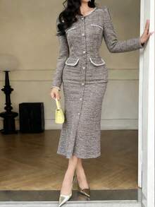 DAZY Đầm midi phối họa tiết thanh lịch mùa xuân & hè, thiết kế ôm eo, phù hợp cho hẹn hò, đám cưới, tiệc tùng, các dịp thường ngày và công sở. - Màu be - Xem 8