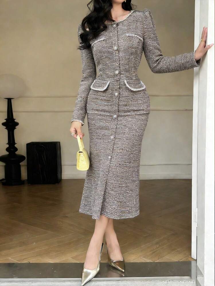 Spring & Summer Elegant Patchwork Midi Dress, Fitted Waist Design, Suitable For Dates, Weddings, Parties, Casual & Work Occasions Sundress