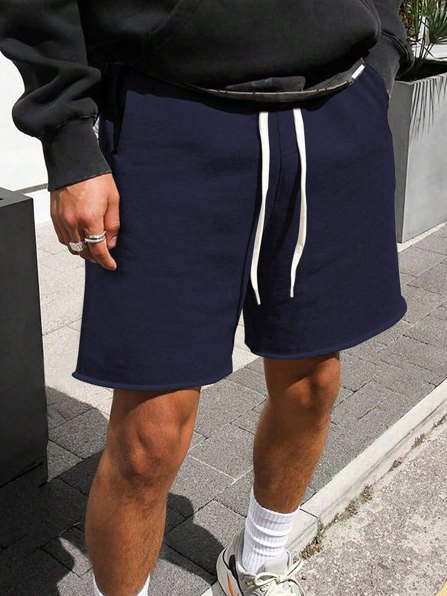 Manfinity Homme Plus Size Men's Summer Casual Distressed Contrast Drawstring Waist Shorts - Navy Blue - View 1
