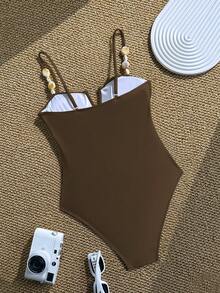 Swim Chiccia 女款夏季優雅海灘咖啡棕色一件式泳衣，復古細肩帶不對稱珠飾裝飾抓皺胸部V背修身款，適合春季與度假 - 棕色 - 查看 11