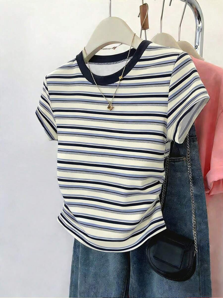 Franclia Camiseta de mujer de corte slim con estampado de rayas, de alta calidad, elegante, adecuada para estudiantes, maestros, uso casual diario, verano - Multicolor - Ver 1
