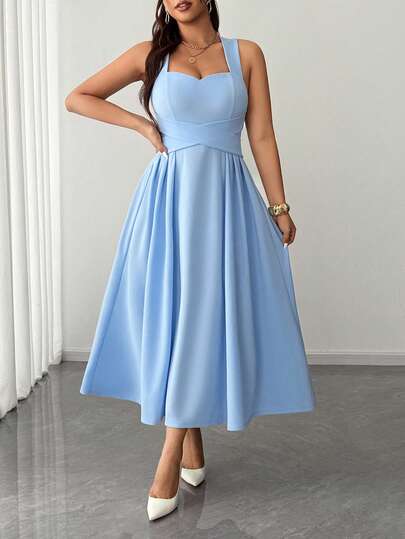 Elenzga 大码女士优雅纯色高弹面料吊带裹身系带连衣裙，后腰处饰有蝴蝶结，腰部褶皱设计，大码半身裙，百搭款式，适合派对、音乐节、休闲、度假、约会、情人节等场合，中长款吊带裙