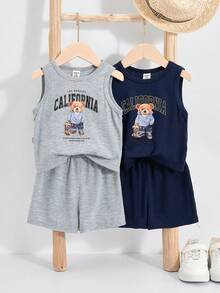 4 pièces Ensemble débardeur et short imprimé ours et lettres pour bébé garçon, 2 pièces - Multicolore - Voir 6