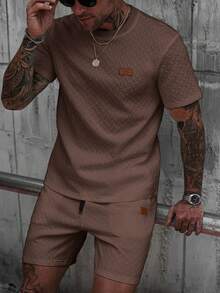 Manfinity CasualCool Men's V-Neck Ribbed T-Shirt + Drawstring Shorts Set - Coffee Brown - View 5