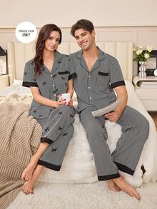 SHEIN Black & White Striped Contrast Trim Short Sleeve & Pants Men's Pajama Set - Black - View 4