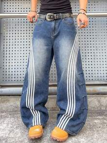 ROMWE MEN Street Life Quần jeans nam ống rộng kẻ sọc có túi, dáng rộng thoải mái, đa năng. - Màu xanh lam - Xem 2