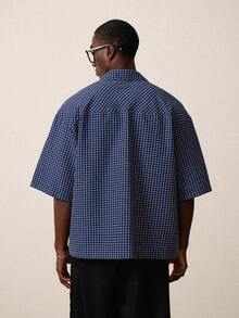 STYNVO 男士落肩短袖前开襟格子休闲衬衫，百搭夏季男士宽松衬衫，男士衬衫，宽松纽扣衬衫，男士街头风纽扣衬衫，男士宽松衬衫，男士宽松衬衫 - 藍色 - 查看 2