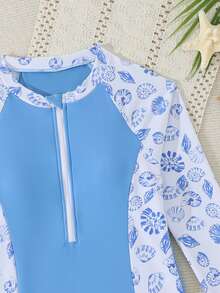 SHEIN Tween Girls Tankinis 2-Piece Swimwear Set,Blue Ocean Shell Print Long Sleeve Rash Guard Bathing Suit,White,Summer,Casual,Pool Party,Vacation,Holiday - Blue - View 3
