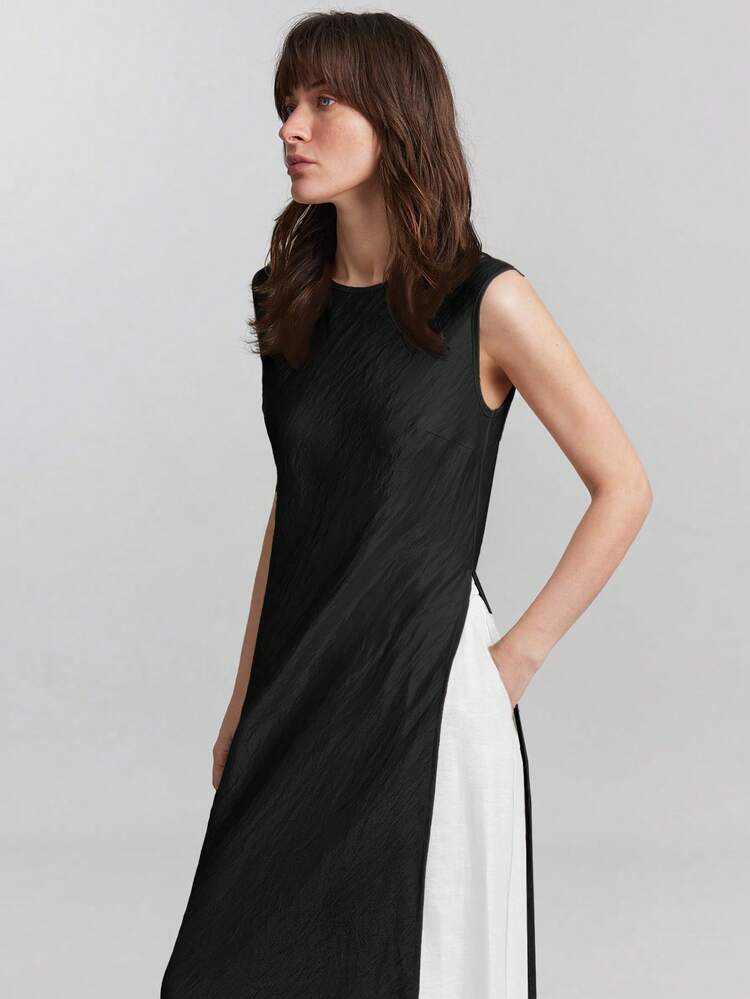 Women's Black Gold Elegant Summmer Brunch Sleeveless Long Top,Crinkle Satin Crepe Side High Slit Blouse,Off-Shoulder Round Neck Urban Office Attire