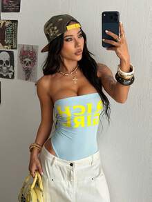 StreetHx 街头风女装夏季字母印花抹胸连体衣 - 藍色 - 查看 6