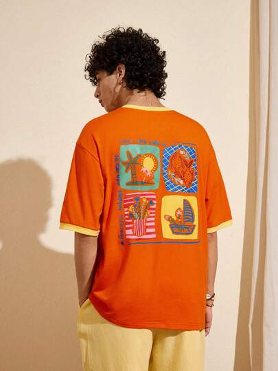 Felipe Marques Men's Animal & Plant Print Short Sleeve Loose T-Shirt, Orange & Yellow, Casual For Spring, Summer, Vacation, Party, Beach