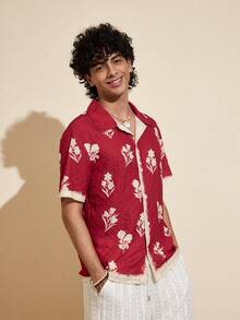 Felipe Marques 男士花卉刺绣纹理面料宽松短袖衬衫，休闲百搭，适合度假、派对、海滩、春秋穿着，红色波西米亚风 - 紅色 - 查看 3