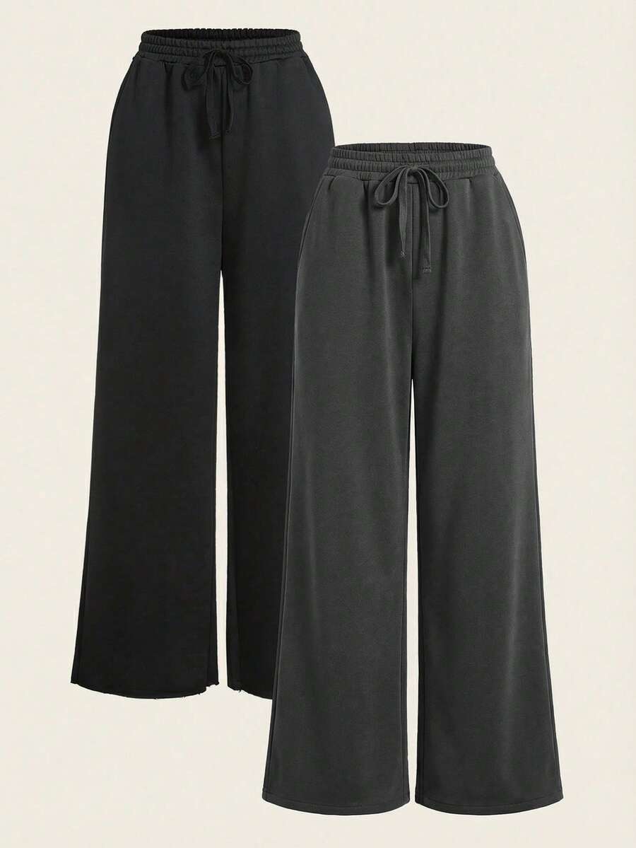 Comfortcana 2 chiếc quần thể thao ống rộng màu trơn dành cho nữ - Màu xám đen - Xem 1