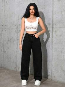 SHEIN ICON Plus Size Women Retro Street Style Gray Non-Stretch Straight Leg Jeans - Black - View 4